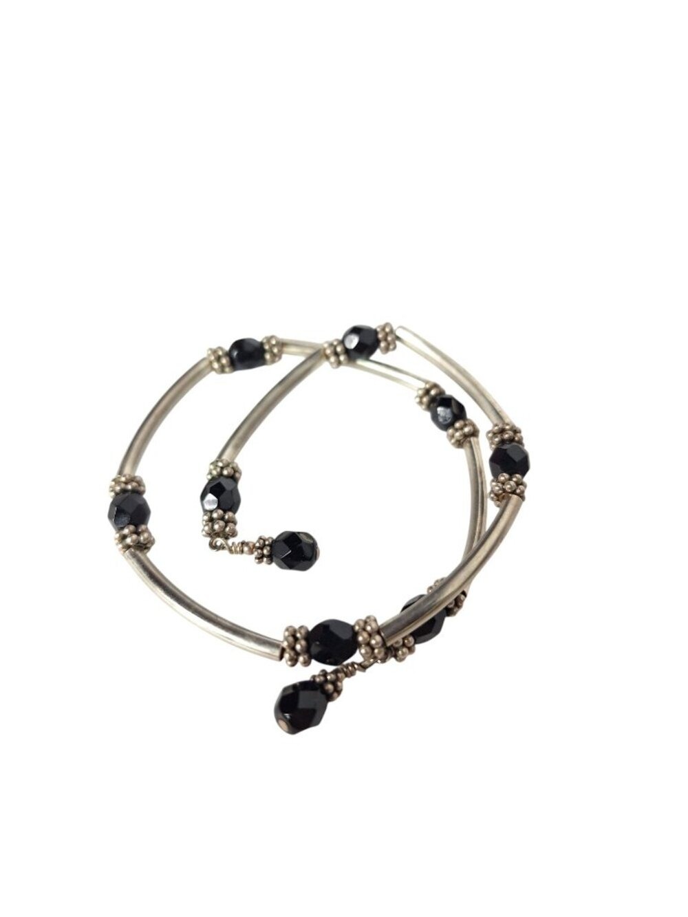 Vintage Black Glass Bead & Silver Tone Tube Memory Wire Wrap Bracelet Goth Boho